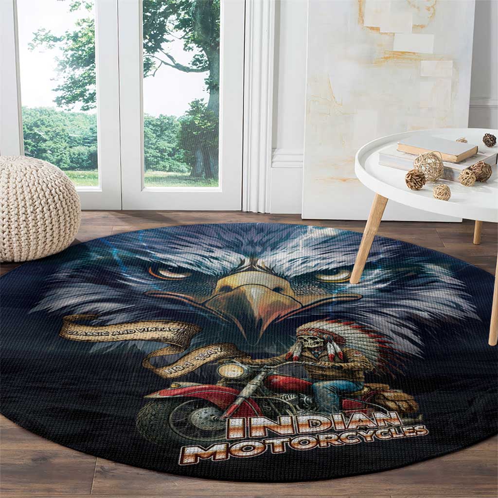 American Indian Legendary Motorcycle Round Carpet Native American Retro Rider - Wonder Print Shop