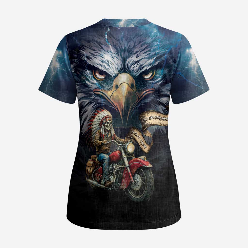 American Indian Legendary Motorcycle Scrub Top Native American Retro Rider - Wonder Print Shop