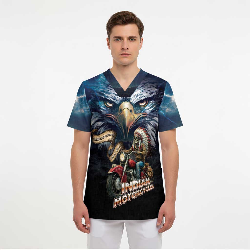 American Indian Legendary Motorcycle Scrub Top Native American Retro Rider - Wonder Print Shop
