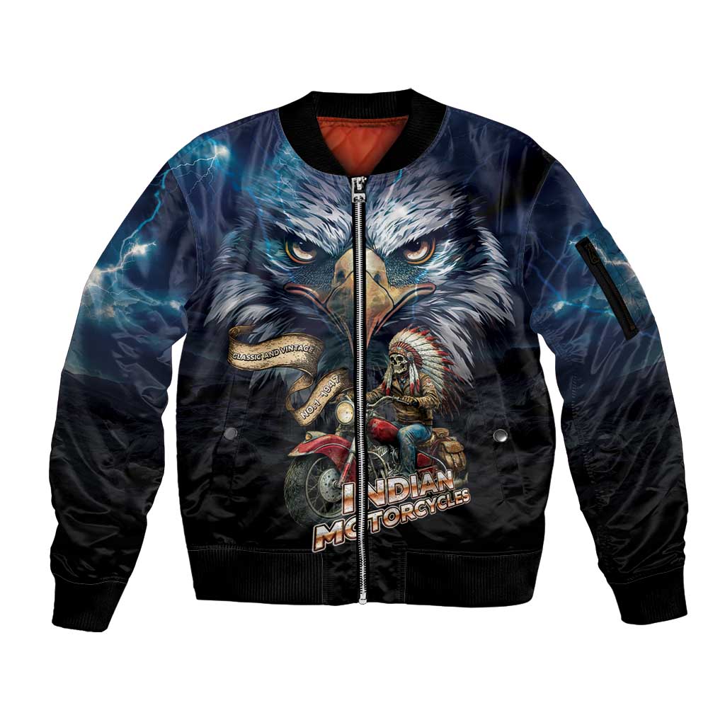 American Indian Legendary Motorcycle Sleeve Zip Bomber Jacket Native American Retro Rider - Wonder Print Shop
