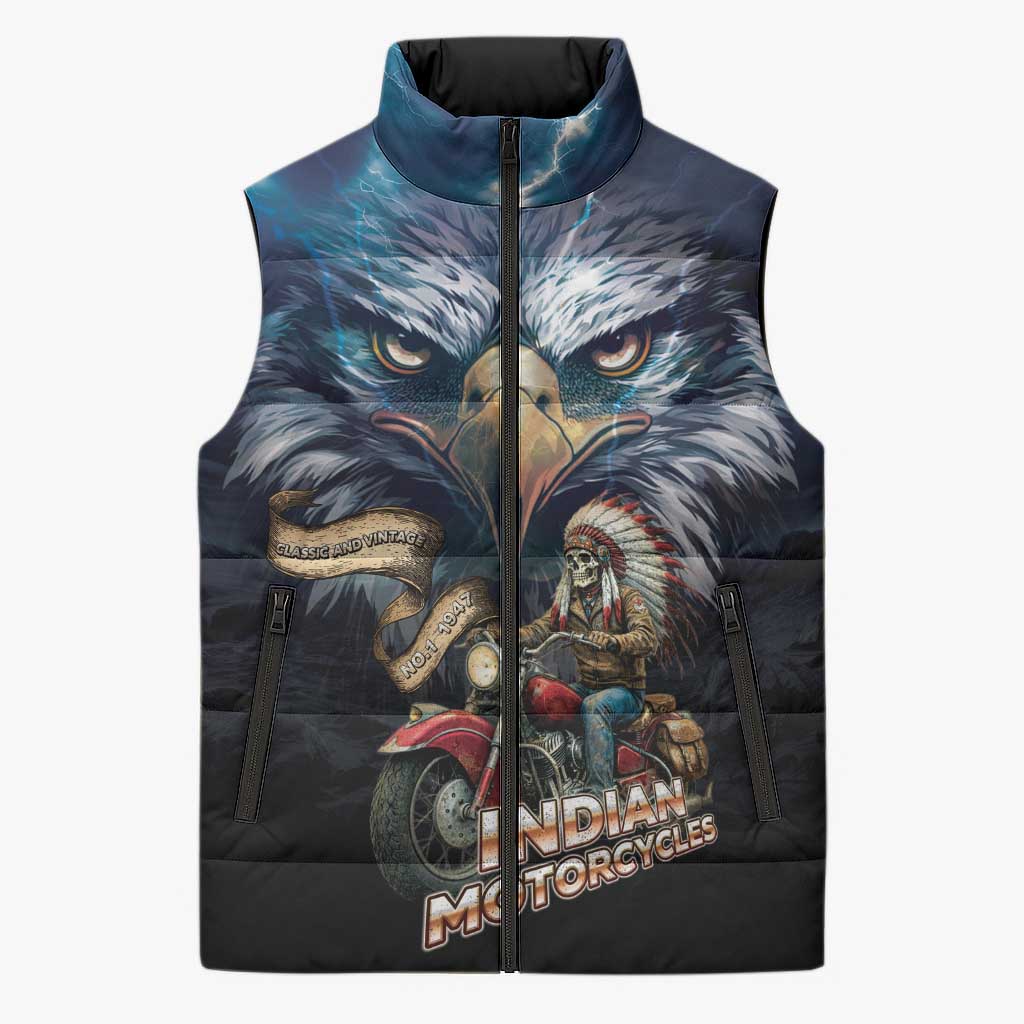American Indian Legendary Motorcycle Sleeveless Puffer Jacket Native American Retro Rider - Wonder Print Shop