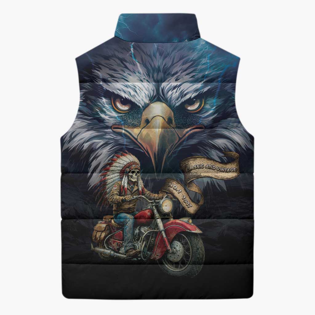 American Indian Legendary Motorcycle Sleeveless Puffer Jacket Native American Retro Rider - Wonder Print Shop