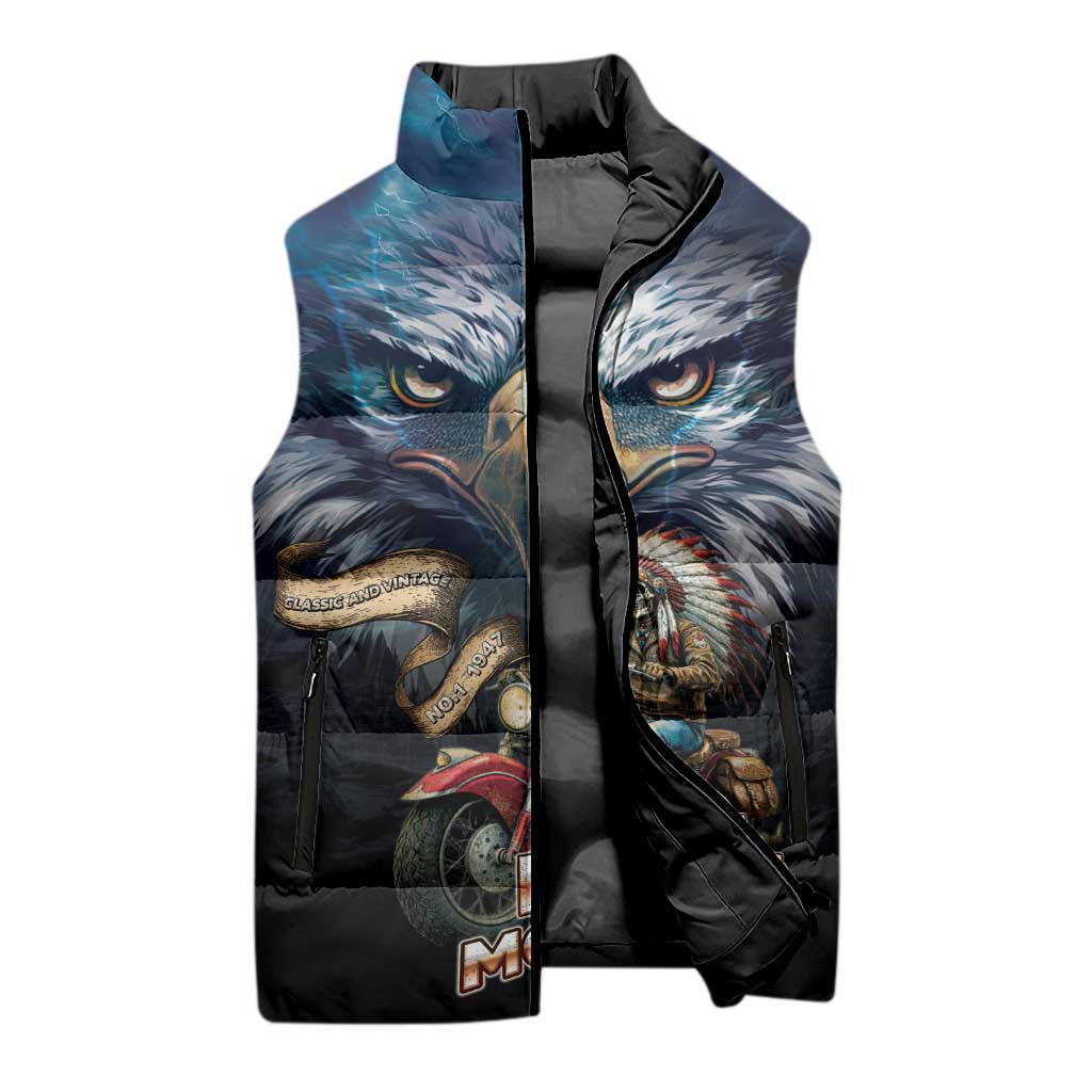 American Indian Legendary Motorcycle Sleeveless Puffer Jacket Native American Retro Rider - Wonder Print Shop