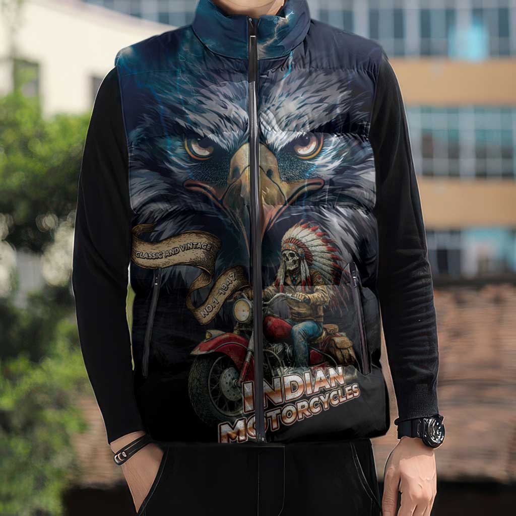 American Indian Legendary Motorcycle Sleeveless Puffer Jacket Native American Retro Rider - Wonder Print Shop