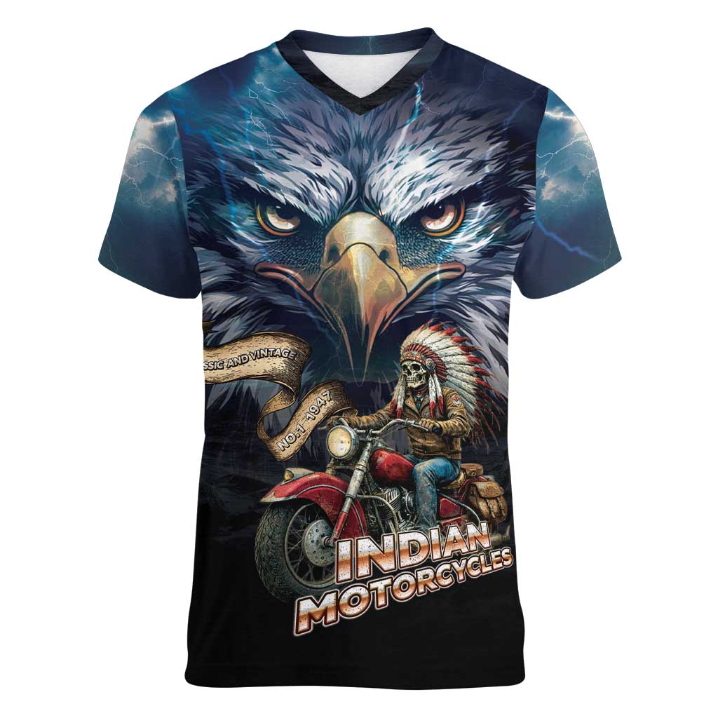American Indian Legendary Motorcycle Women V-Neck T-Shirt Native American Retro Rider - Wonder Print Shop