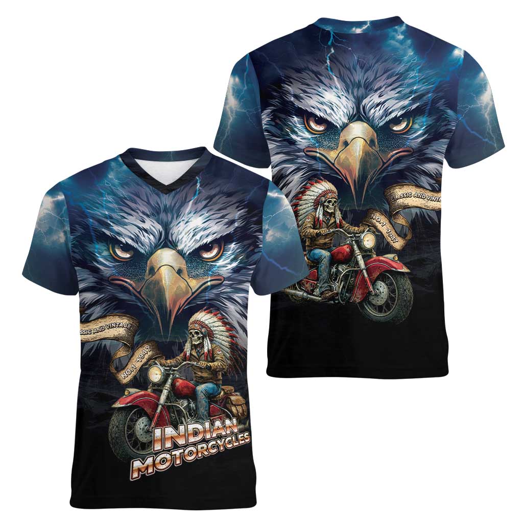 American Indian Legendary Motorcycle Women V-Neck T-Shirt Native American Retro Rider - Wonder Print Shop