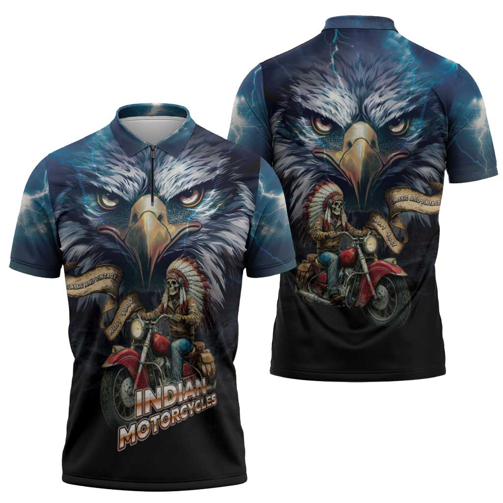 American Indian Legendary Motorcycle Zipper Polo Shirt Native American Retro Rider - Wonder Print Shop