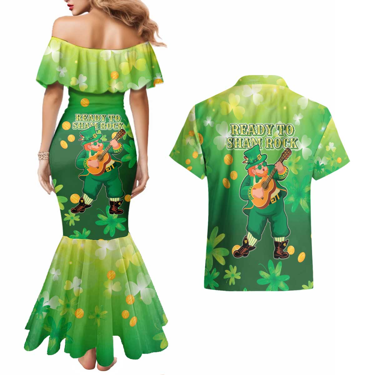 St Patrick's Day Couples Matching Mermaid Dress and Hawaiian Shirt Ready To Shamrock
