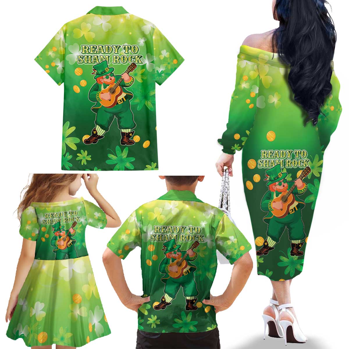 St Patrick's Day Family Matching Off The Shoulder Long Sleeve Dress and Hawaiian Shirt Ready To Shamrock