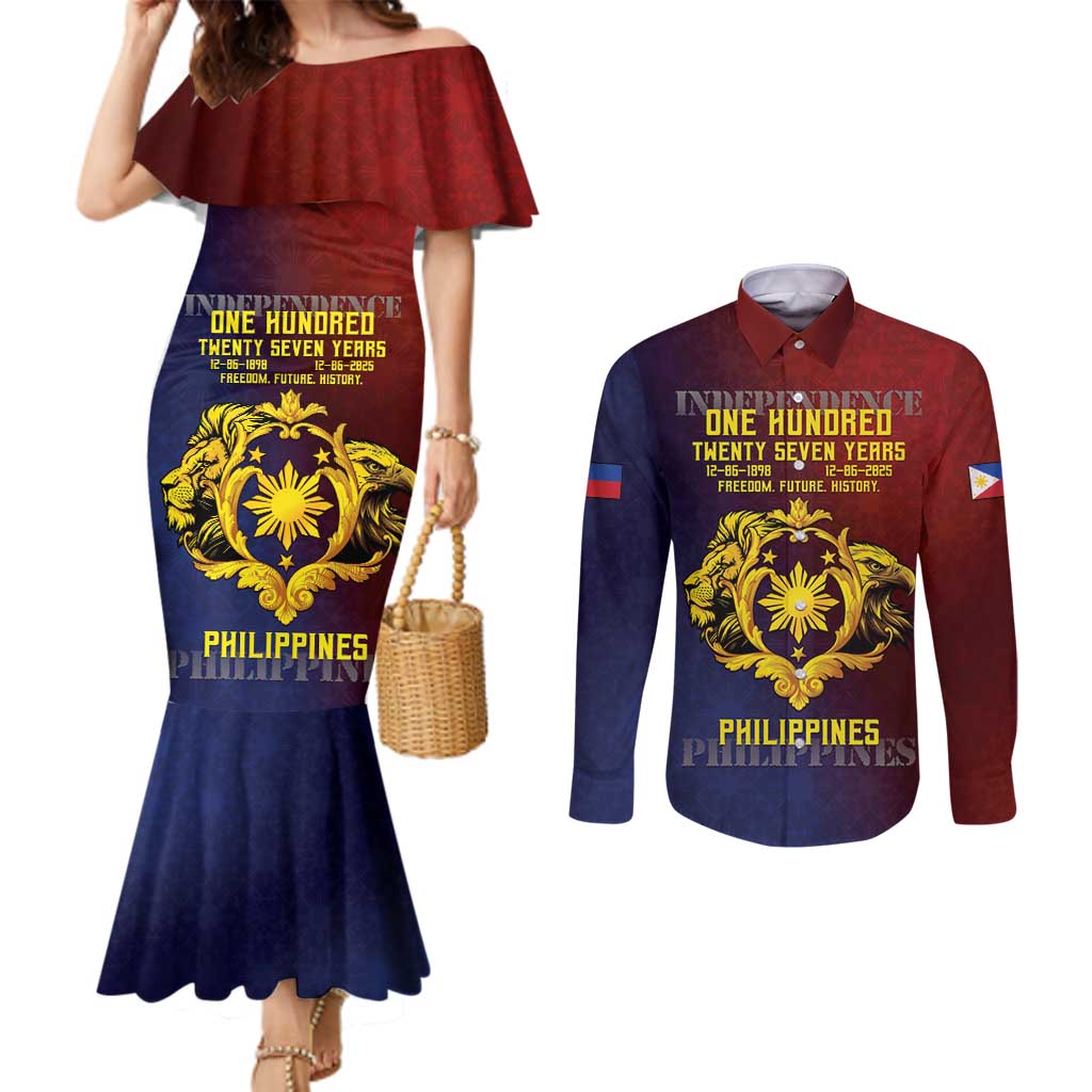 Philippines 127th Independence Day Couples Matching Mermaid Dress and Long Sleeve Button Shirt Special Style