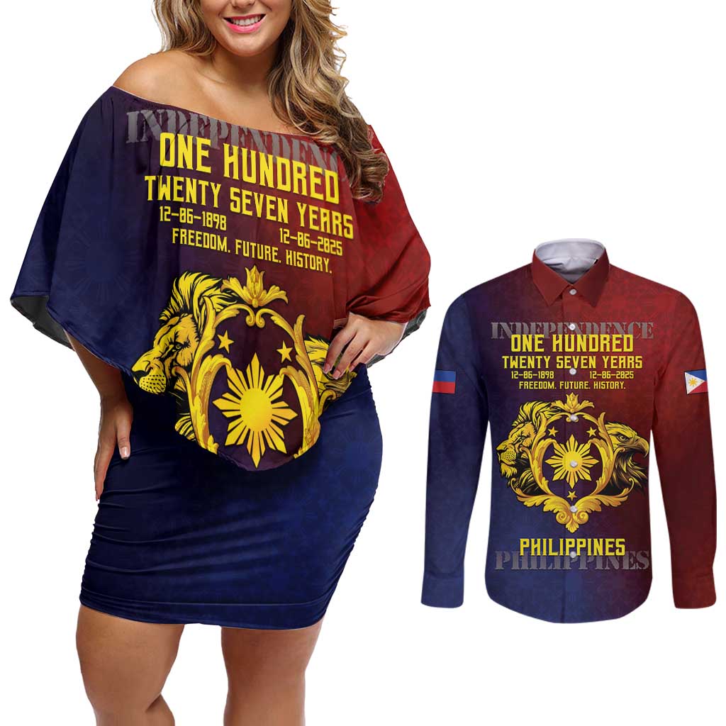 Philippines 127th Independence Day Couples Matching Off Shoulder Short Dress and Long Sleeve Button Shirt Special Style