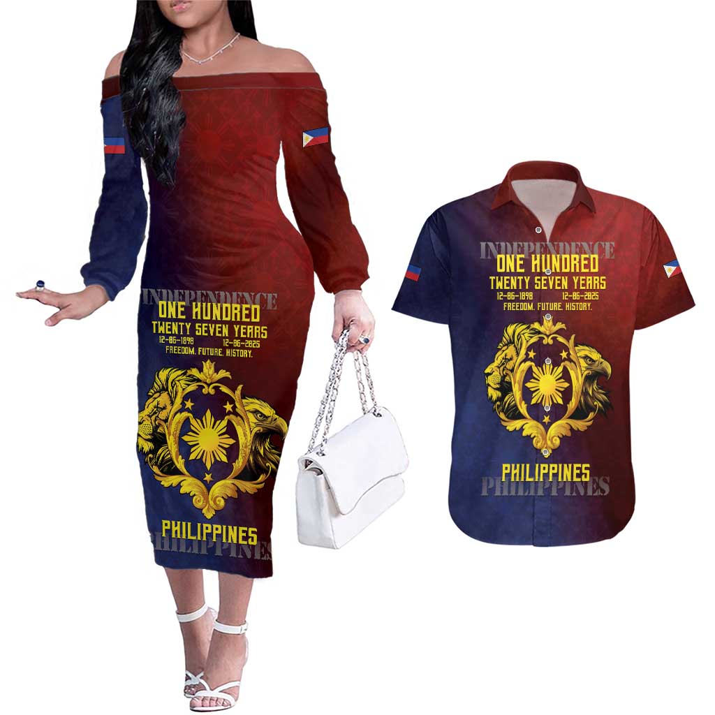 Philippines 127th Independence Day Couples Matching Off The Shoulder Long Sleeve Dress and Hawaiian Shirt Special Style
