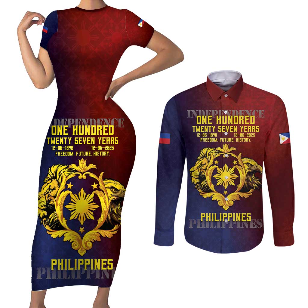 Philippines 127th Independence Day Couples Matching Short Sleeve Bodycon Dress and Long Sleeve Button Shirt Special Style