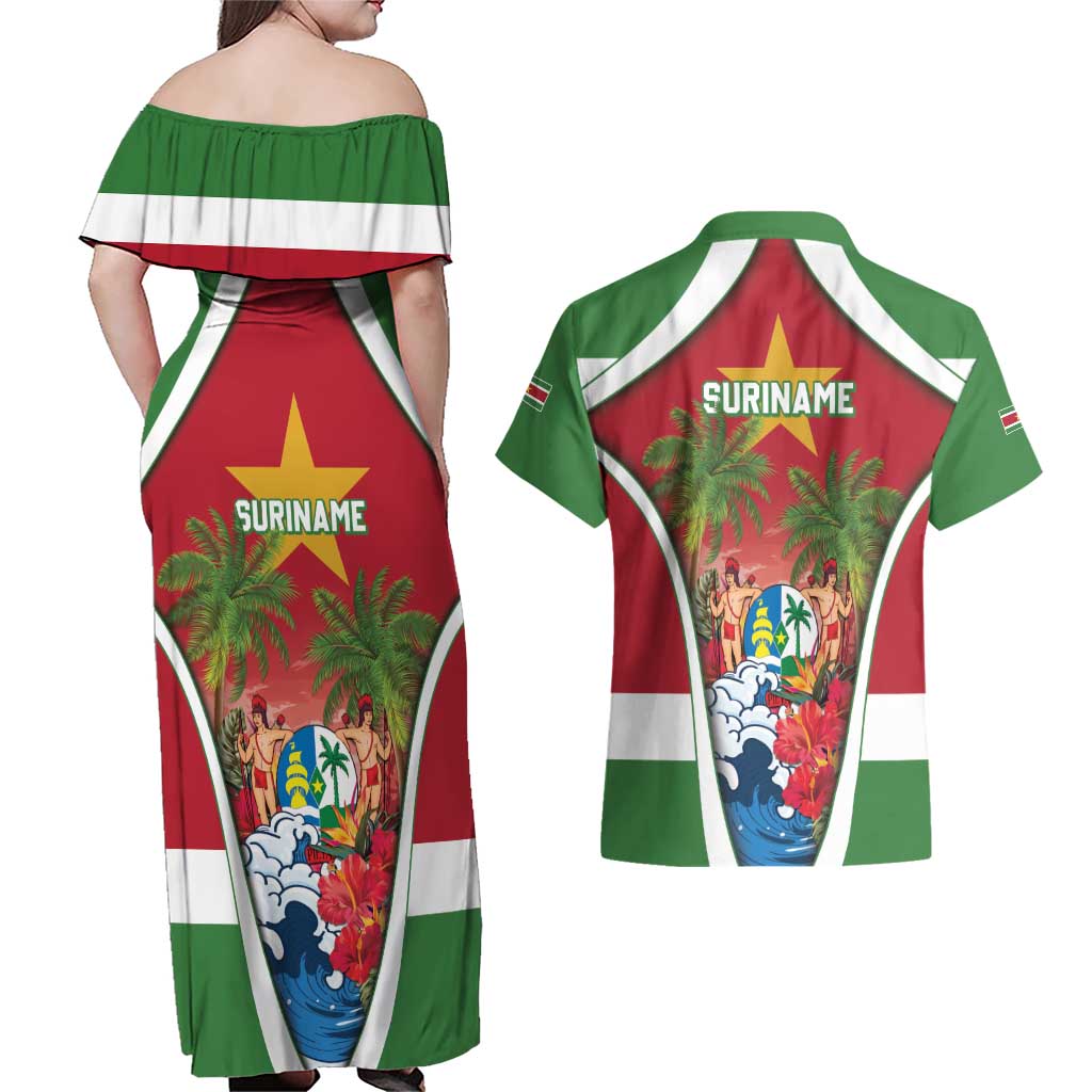Suriname Ketikoti Couples Matching Off Shoulder Maxi Dress and Hawaiian Shirt Happy Emancipation Day - Wonder Print Shop