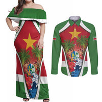 Suriname Ketikoti Couples Matching Off Shoulder Maxi Dress and Long Sleeve Button Shirt Happy Emancipation Day - Wonder Print Shop