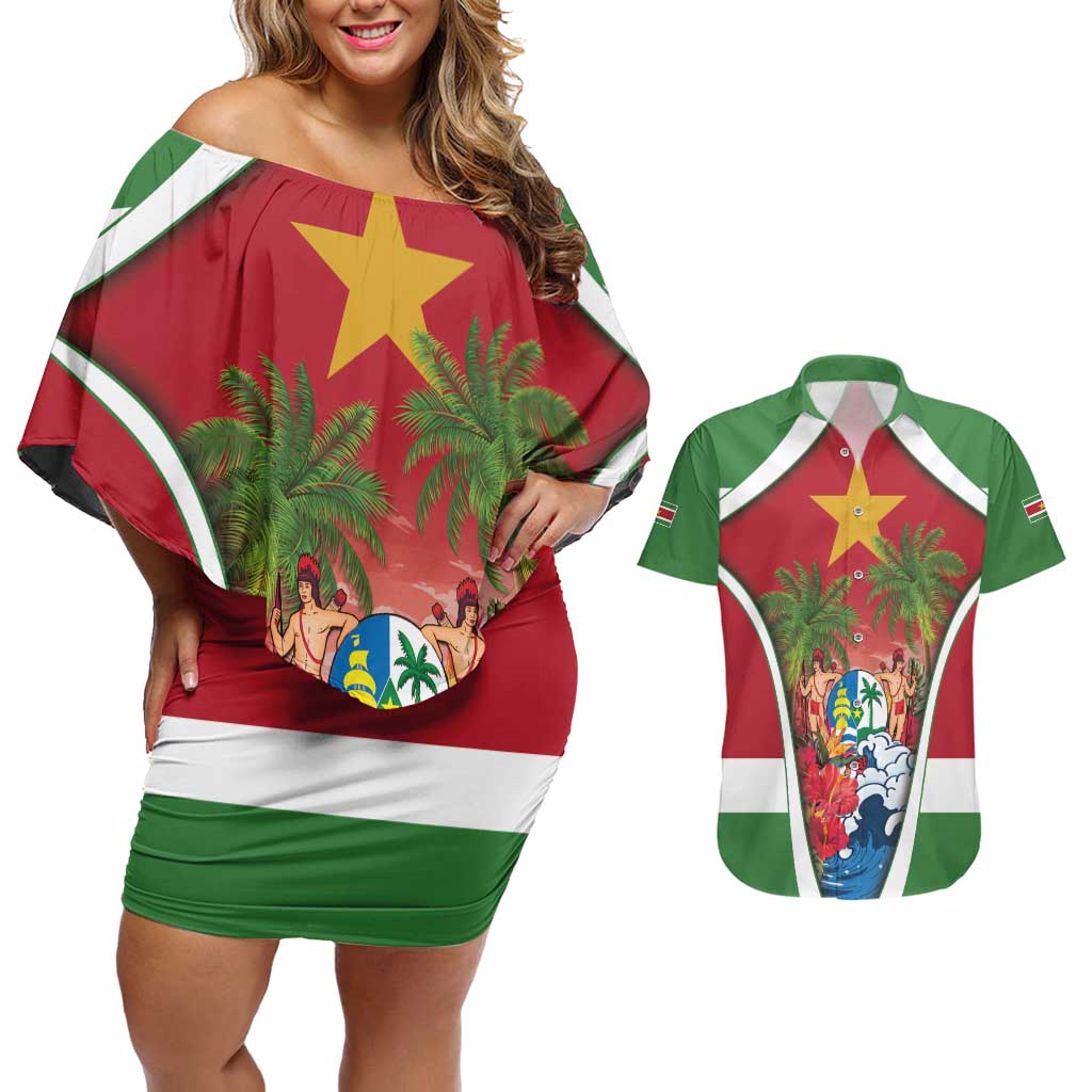 Suriname Ketikoti Couples Matching Off Shoulder Short Dress and Hawaiian Shirt Happy Emancipation Day - Wonder Print Shop
