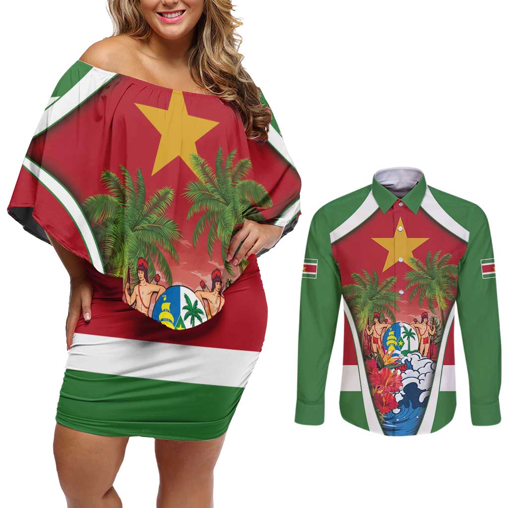 Suriname Ketikoti Couples Matching Off Shoulder Short Dress and Long Sleeve Button Shirt Happy Emancipation Day - Wonder Print Shop