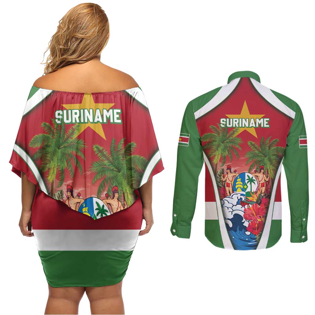 Suriname Ketikoti Couples Matching Off Shoulder Short Dress and Long Sleeve Button Shirt Happy Emancipation Day - Wonder Print Shop