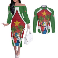 Suriname Ketikoti Couples Matching Off The Shoulder Long Sleeve Dress and Long Sleeve Button Shirt Happy Emancipation Day - Wonder Print Shop