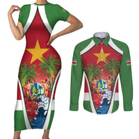 Suriname Ketikoti Couples Matching Short Sleeve Bodycon Dress and Long Sleeve Button Shirt Happy Emancipation Day - Wonder Print Shop