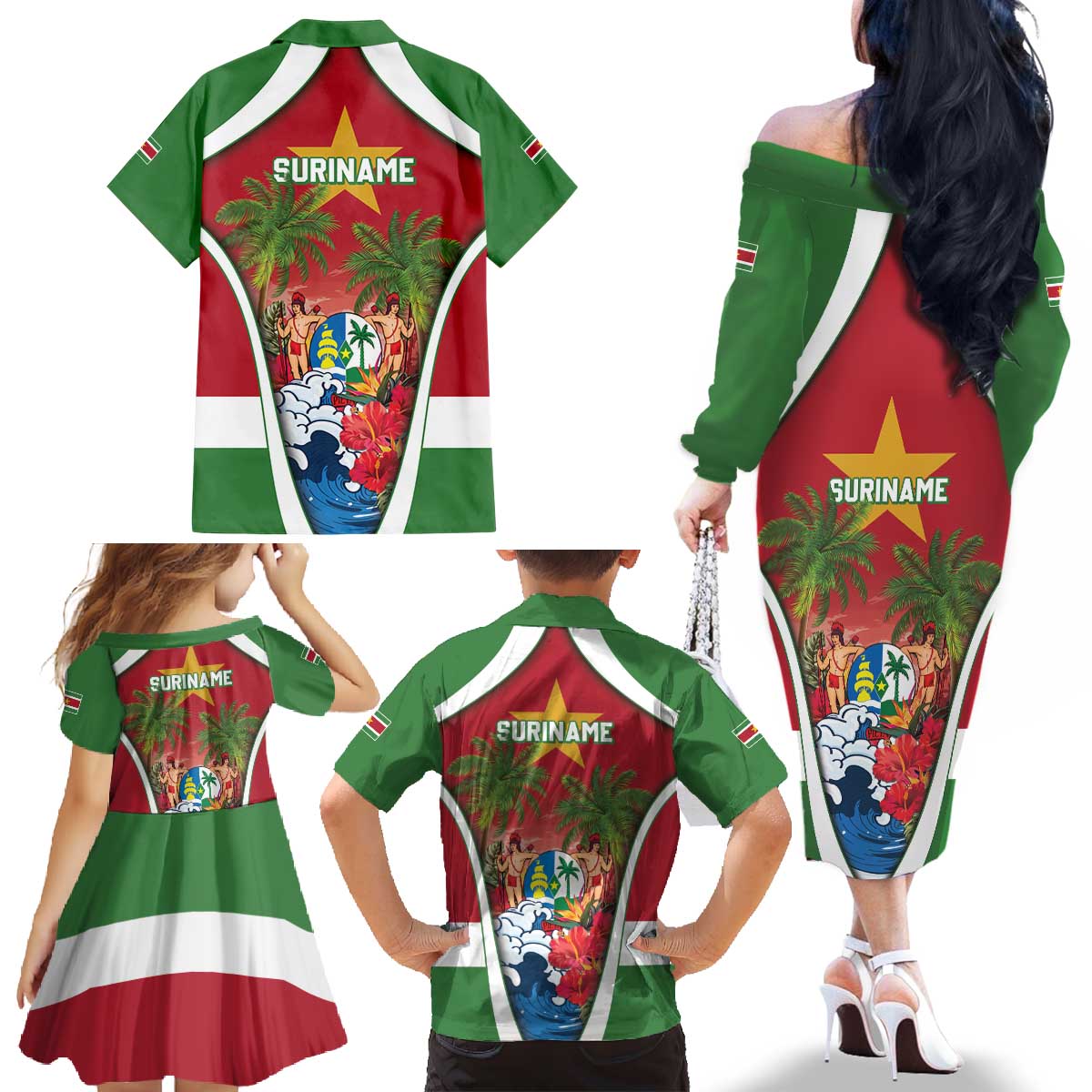 Suriname Ketikoti Family Matching Off The Shoulder Long Sleeve Dress and Hawaiian Shirt Happy Emancipation Day - Wonder Print Shop