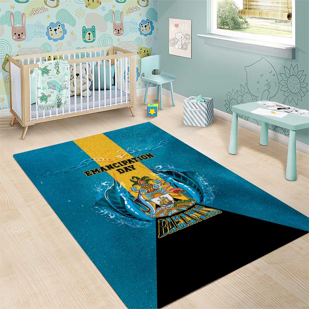 Bahamas Emancipation Day Area Rug Blue Marlin With Coat Of Arms - Wonder Print Shop