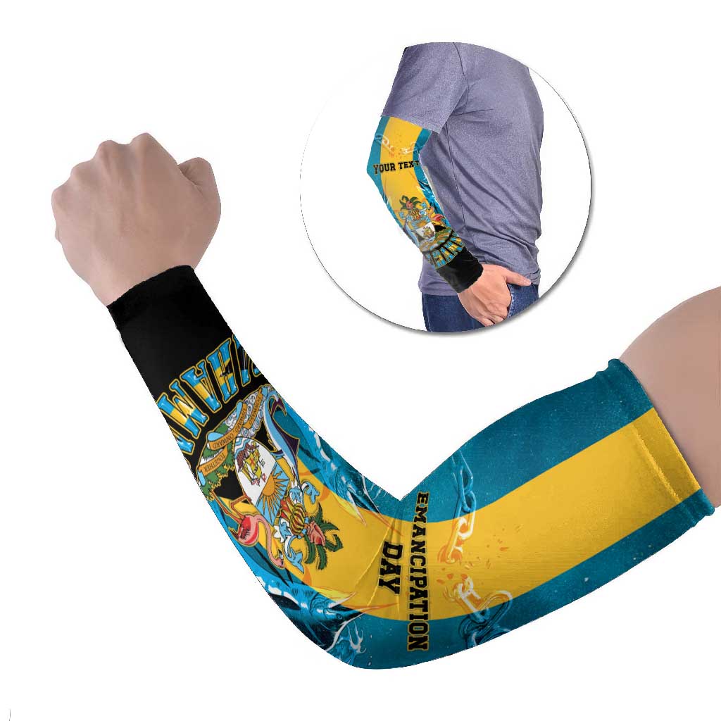 Personalized Bahamas Emancipation Day Arm Sleeves Blue Marlin With Coat Of Arms - Wonder Print Shop