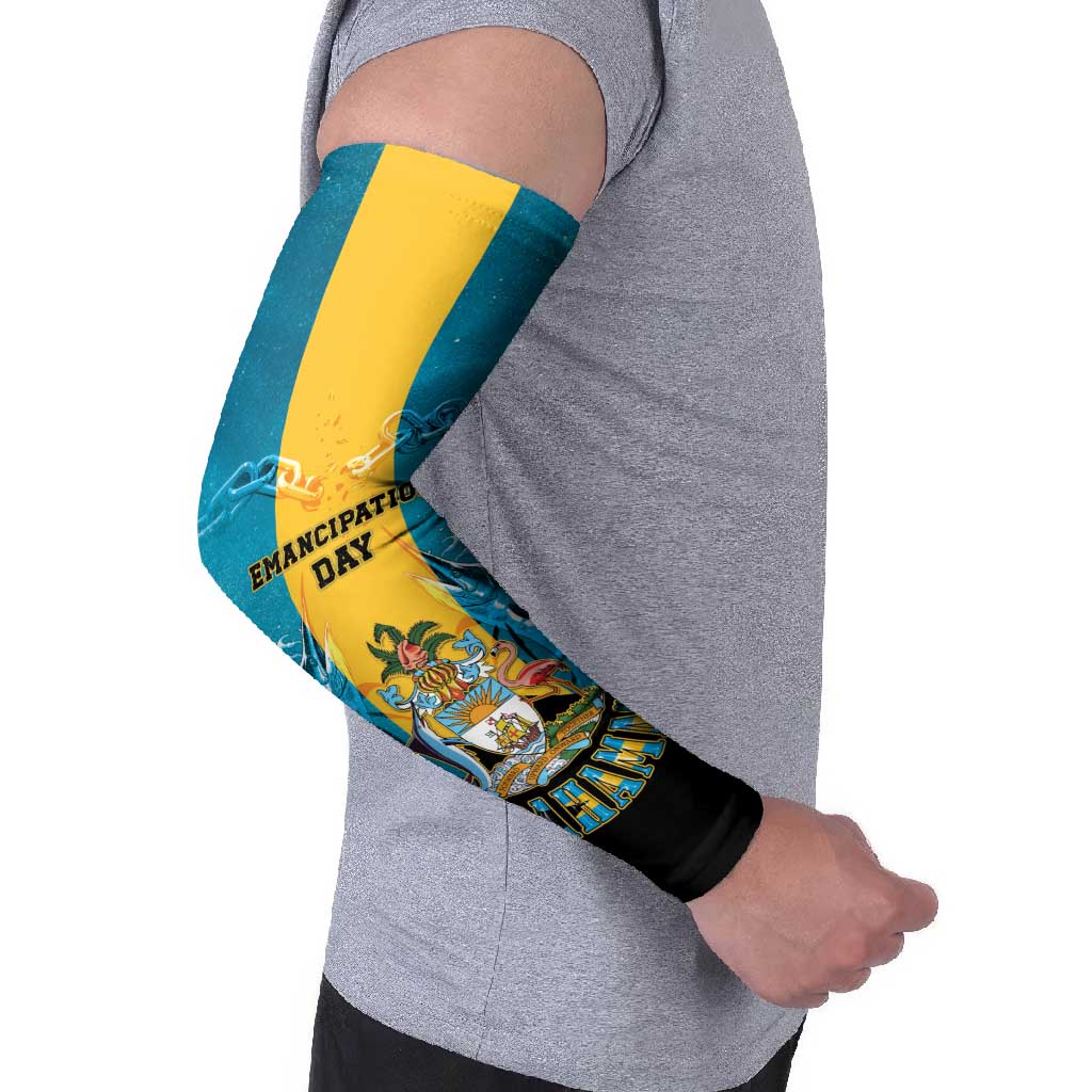 Personalized Bahamas Emancipation Day Arm Sleeves Blue Marlin With Coat Of Arms - Wonder Print Shop