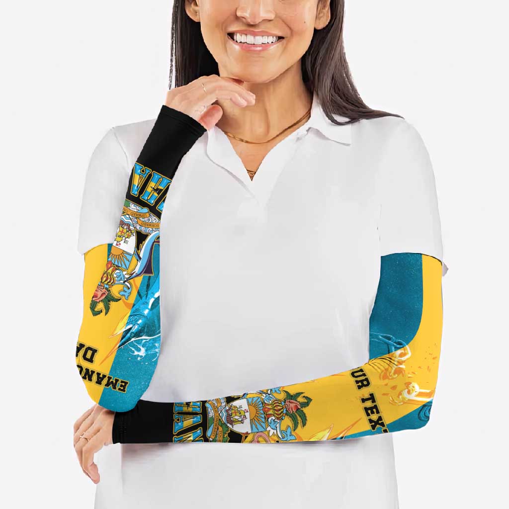 Personalized Bahamas Emancipation Day Arm Sleeves Blue Marlin With Coat Of Arms - Wonder Print Shop