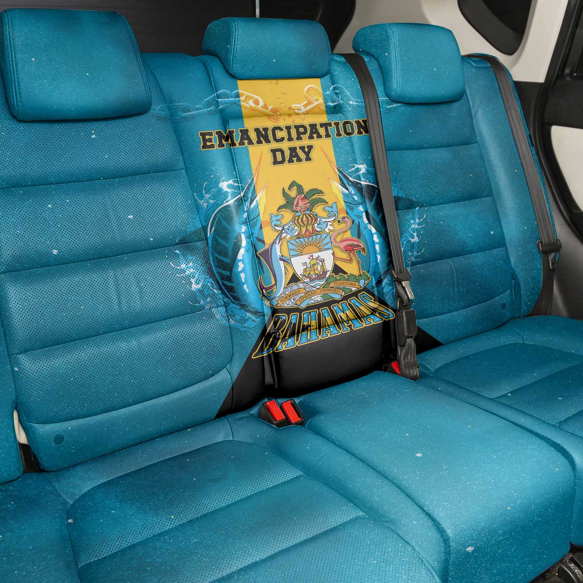 Bahamas Emancipation Day Back Car Seat Cover Blue Marlin With Coat Of Arms - Wonder Print Shop
