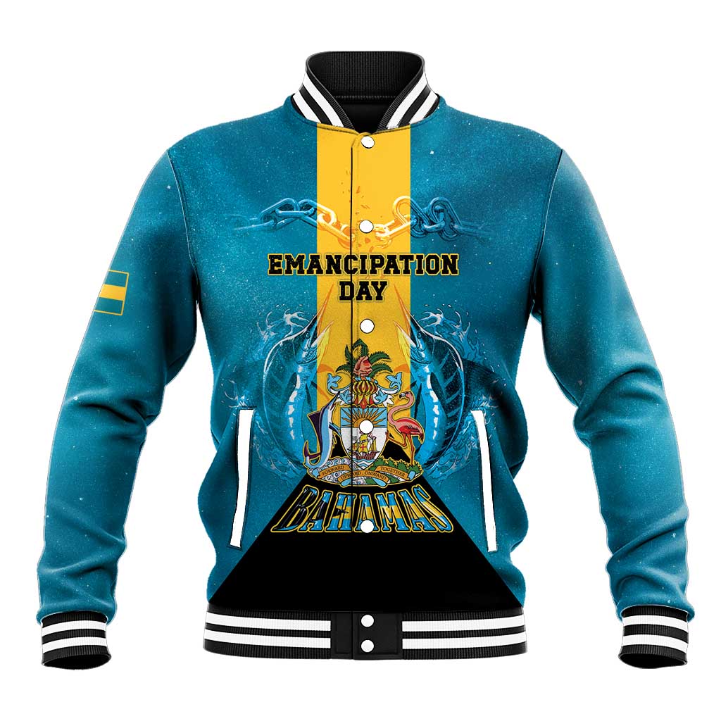 Personalized Bahamas Emancipation Day Baseball Jacket Blue Marlin With Coat Of Arms - Wonder Print Shop