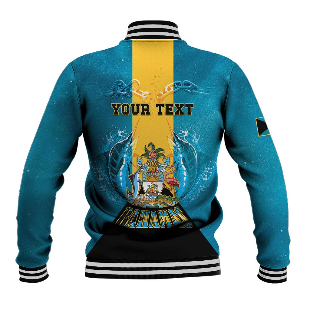Personalized Bahamas Emancipation Day Baseball Jacket Blue Marlin With Coat Of Arms - Wonder Print Shop