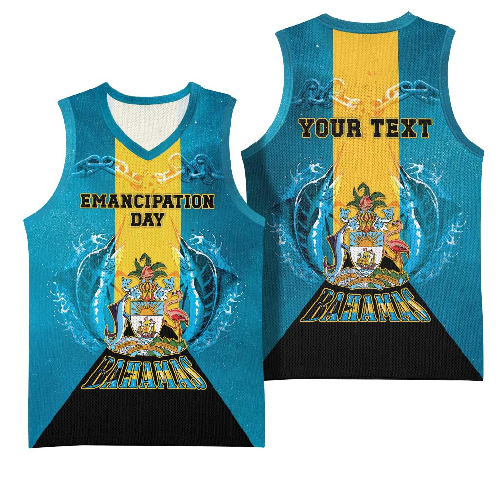 Personalized Bahamas Emancipation Day Basketball Jersey Blue Marlin With Coat Of Arms - Wonder Print Shop