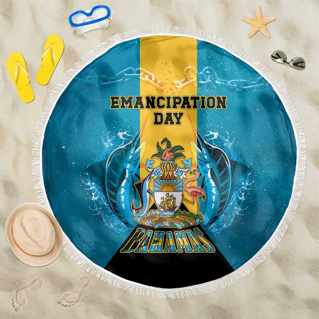 Bahamas Emancipation Day Beach Blanket Blue Marlin With Coat Of Arms - Wonder Print Shop