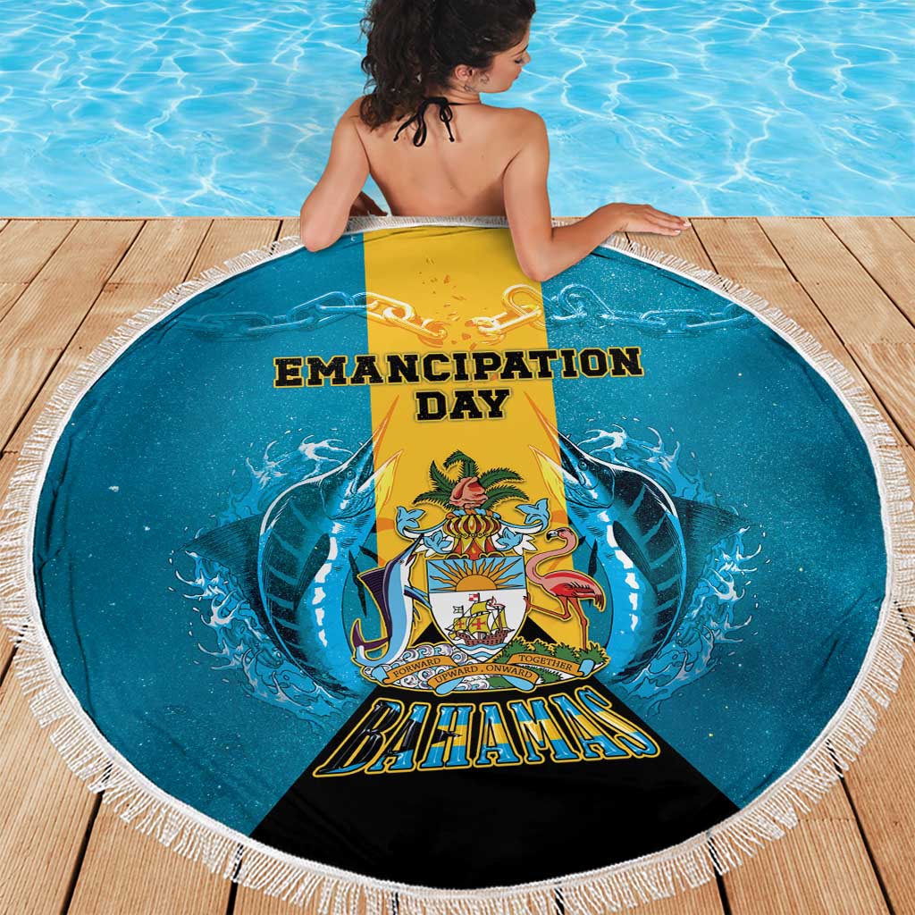Bahamas Emancipation Day Beach Blanket Blue Marlin With Coat Of Arms - Wonder Print Shop