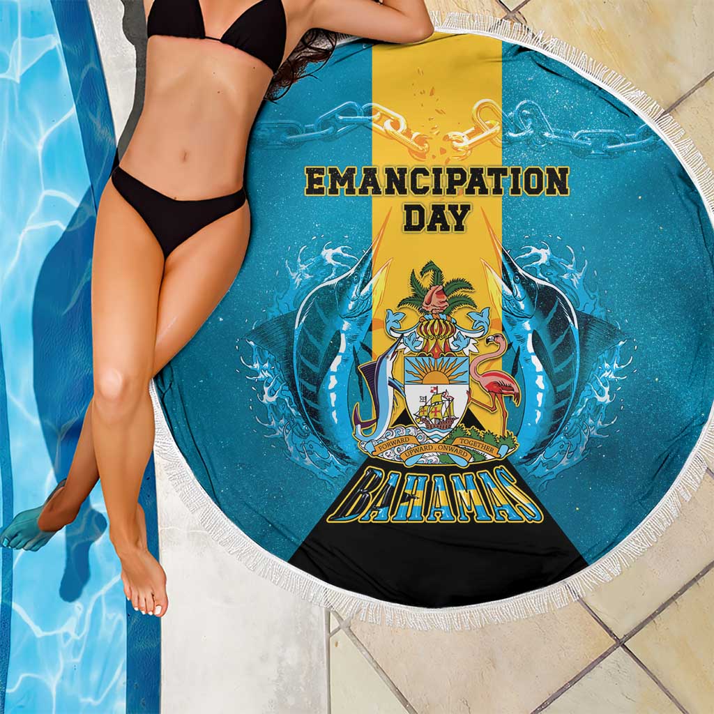 Bahamas Emancipation Day Beach Blanket Blue Marlin With Coat Of Arms - Wonder Print Shop
