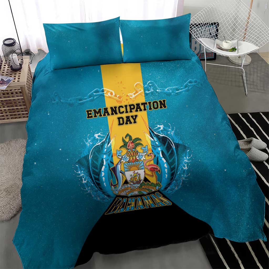 Bahamas Emancipation Day Bedding Set Blue Marlin With Coat Of Arms - Wonder Print Shop