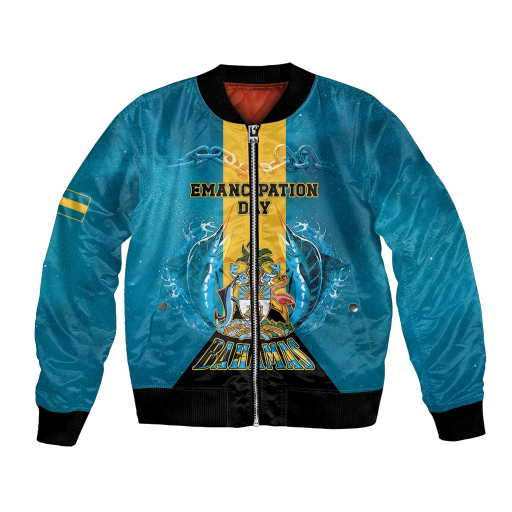 Personalized Bahamas Emancipation Day Bomber Jacket Blue Marlin With Coat Of Arms - Wonder Print Shop