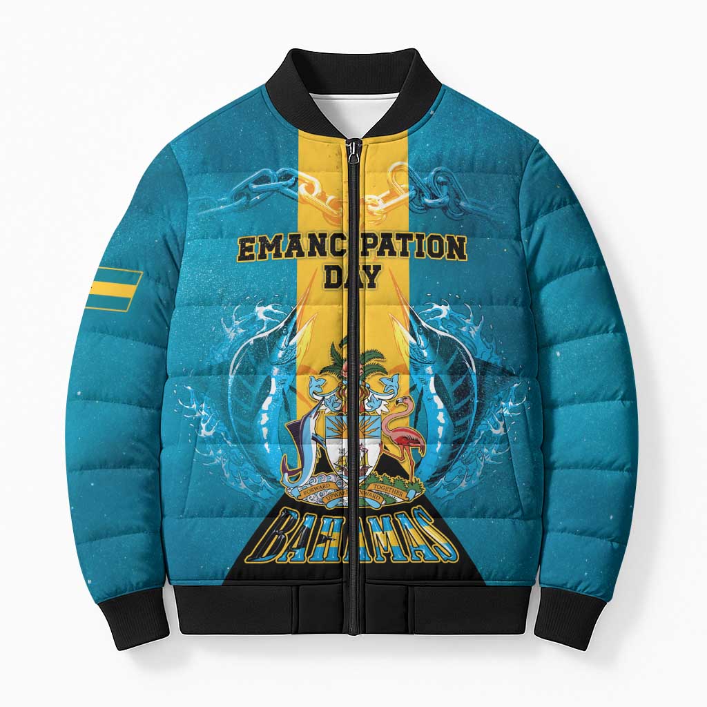 Personalized Bahamas Emancipation Day Bomber Puffer Jacket Blue Marlin With Coat Of Arms - Wonder Print Shop