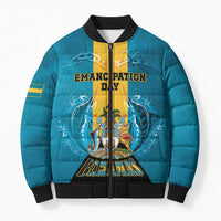 Personalized Bahamas Emancipation Day Bomber Puffer Jacket Blue Marlin With Coat Of Arms - Wonder Print Shop
