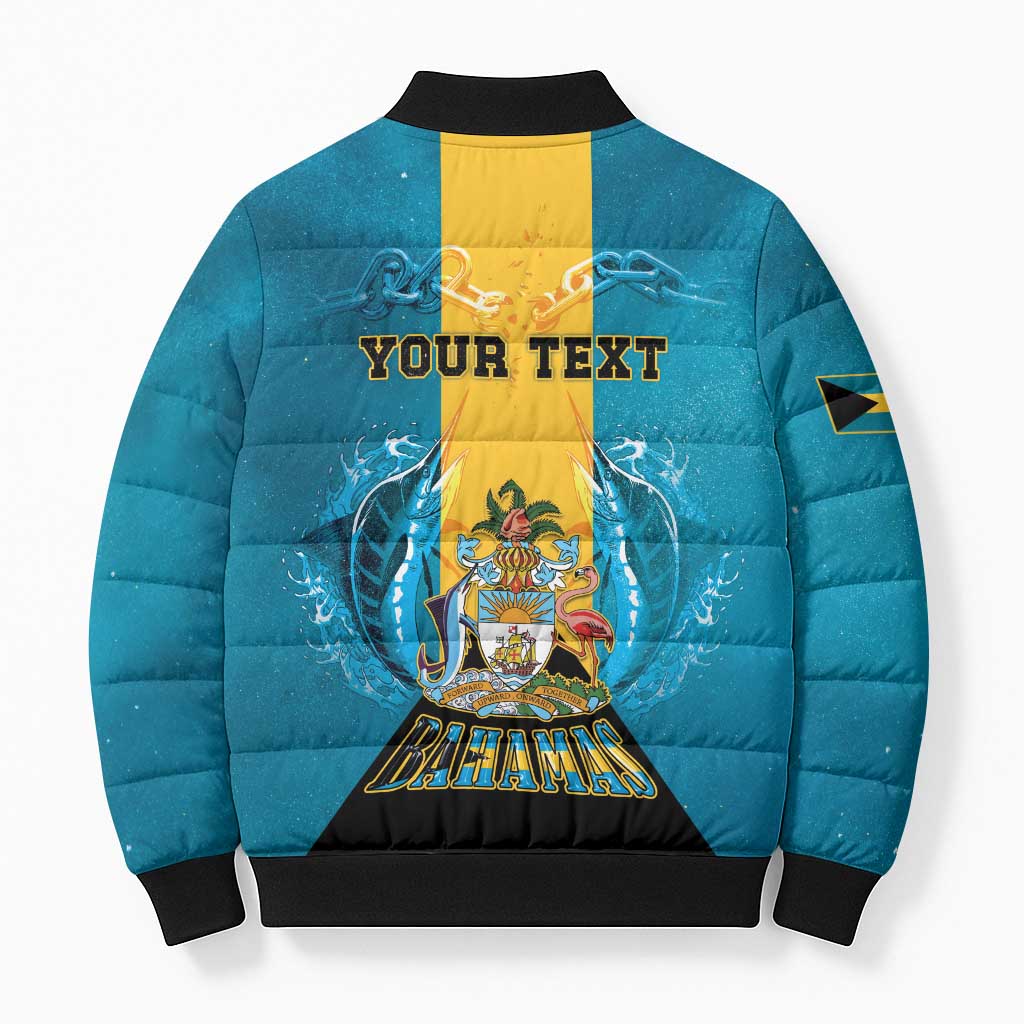 Personalized Bahamas Emancipation Day Bomber Puffer Jacket Blue Marlin With Coat Of Arms - Wonder Print Shop