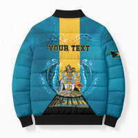 Personalized Bahamas Emancipation Day Bomber Puffer Jacket Blue Marlin With Coat Of Arms - Wonder Print Shop