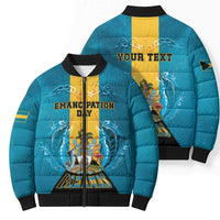 Personalized Bahamas Emancipation Day Bomber Puffer Jacket Blue Marlin With Coat Of Arms - Wonder Print Shop