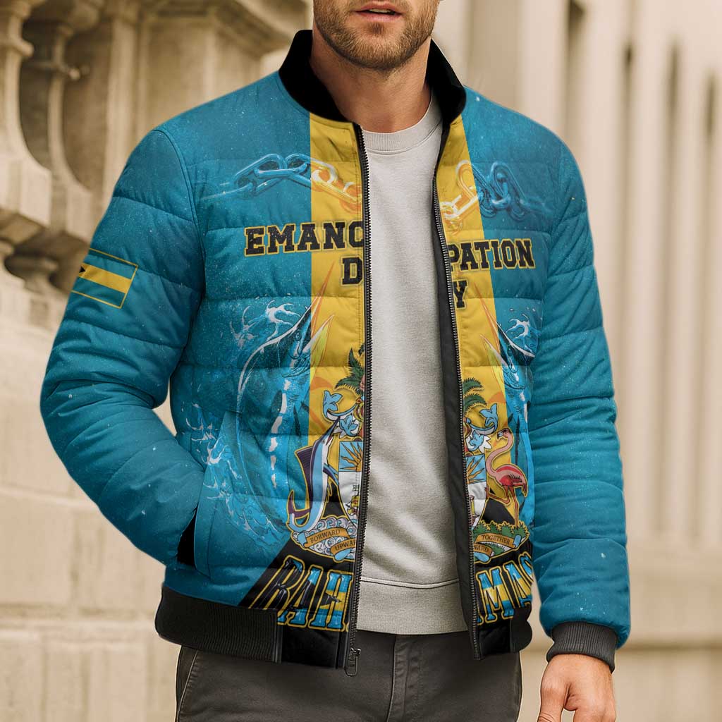 Personalized Bahamas Emancipation Day Bomber Puffer Jacket Blue Marlin With Coat Of Arms - Wonder Print Shop