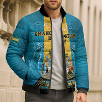 Personalized Bahamas Emancipation Day Bomber Puffer Jacket Blue Marlin With Coat Of Arms - Wonder Print Shop
