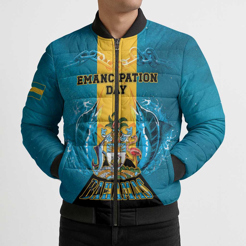 Personalized Bahamas Emancipation Day Bomber Puffer Jacket Blue Marlin With Coat Of Arms - Wonder Print Shop