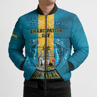 Personalized Bahamas Emancipation Day Bomber Puffer Jacket Blue Marlin With Coat Of Arms - Wonder Print Shop