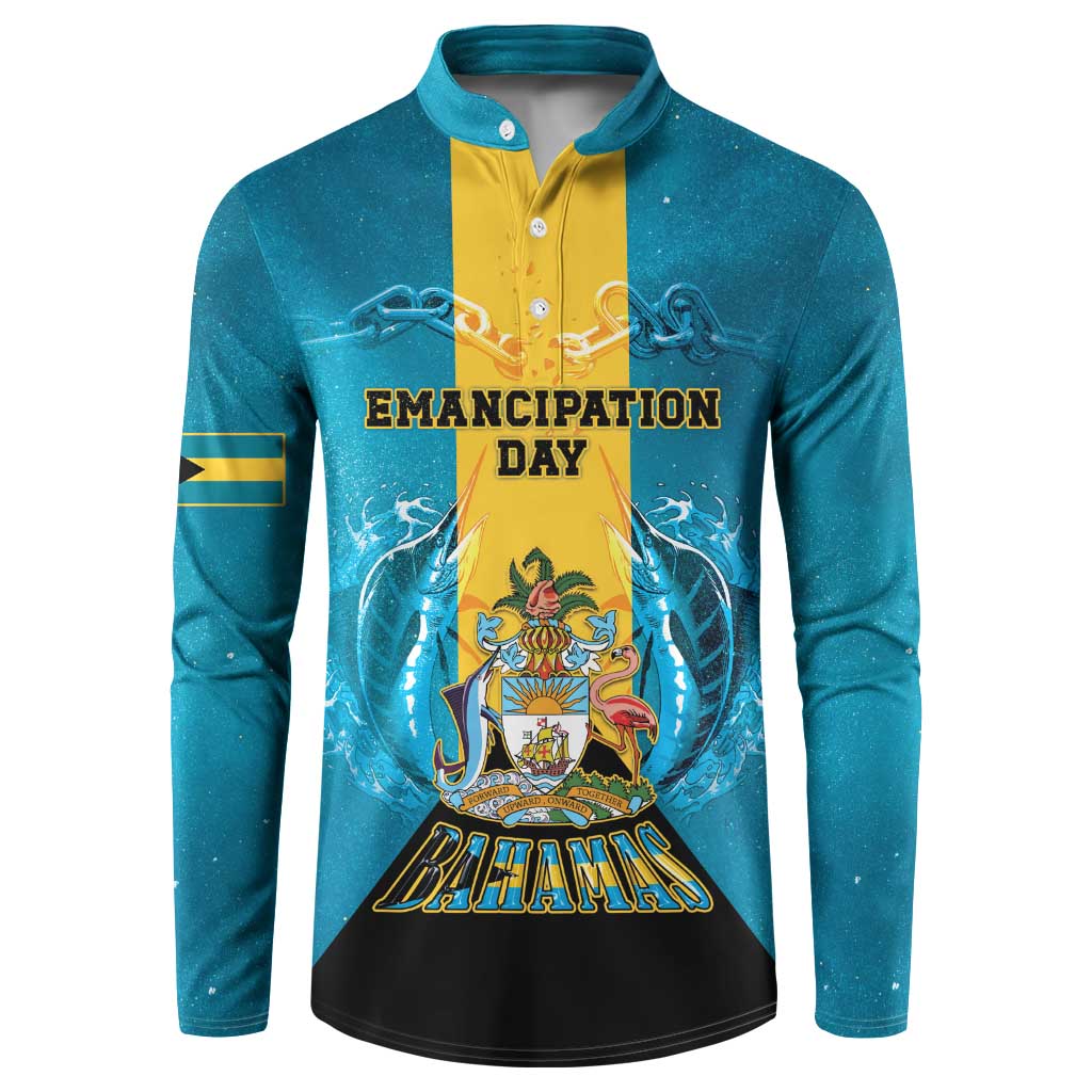 Personalized Bahamas Emancipation Day Button Sweatshirt Blue Marlin With Coat Of Arms - Wonder Print Shop