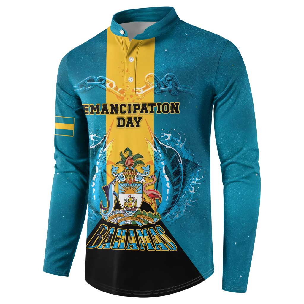 Personalized Bahamas Emancipation Day Button Sweatshirt Blue Marlin With Coat Of Arms - Wonder Print Shop
