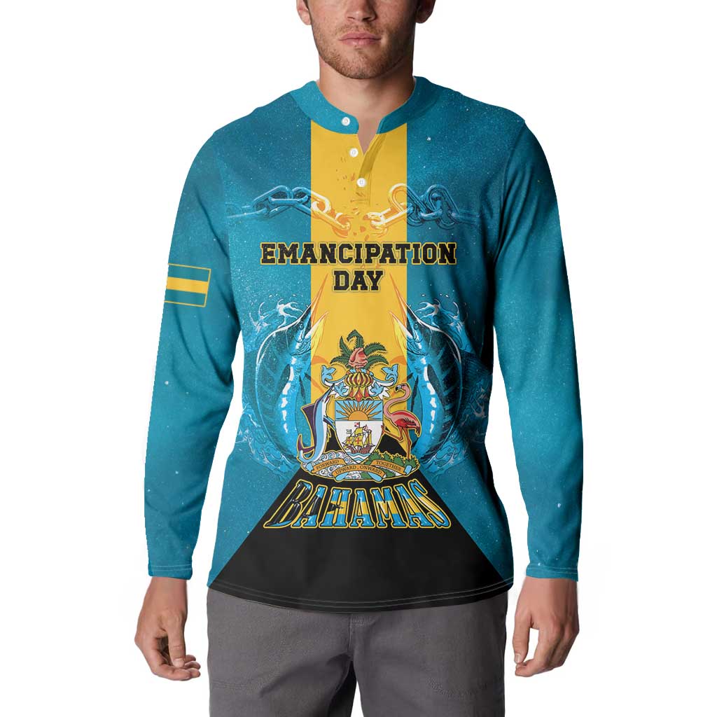 Personalized Bahamas Emancipation Day Button Sweatshirt Blue Marlin With Coat Of Arms - Wonder Print Shop